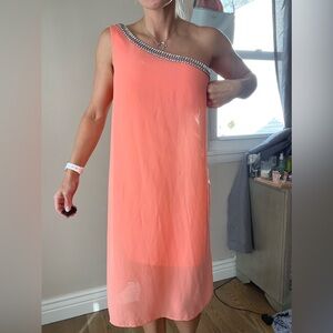 Laundry By Shelli Segal One-Shoulder Coral Dress with Silver Trim